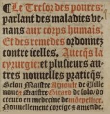Le tresor des poures parlant des maladies venans aux corps humain (16me sicle)